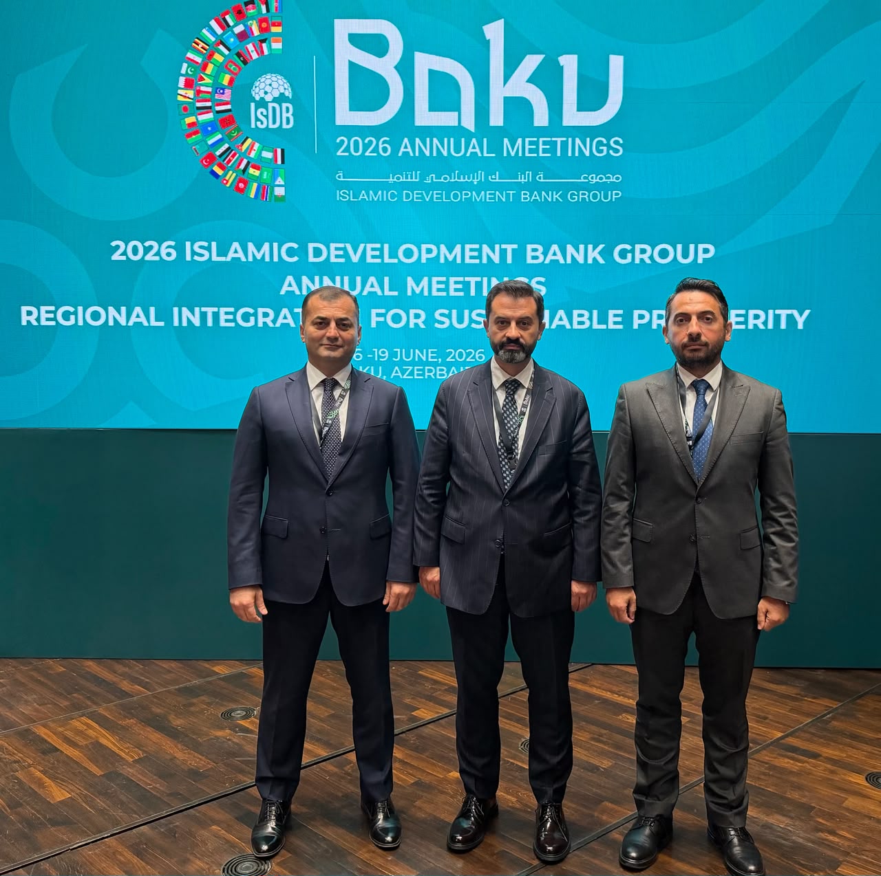 Members of the BSTDB delegation pose for a photo during the 2026 Islamic Development Bank Group Annual Meetings in Baku, Azerbaijan.