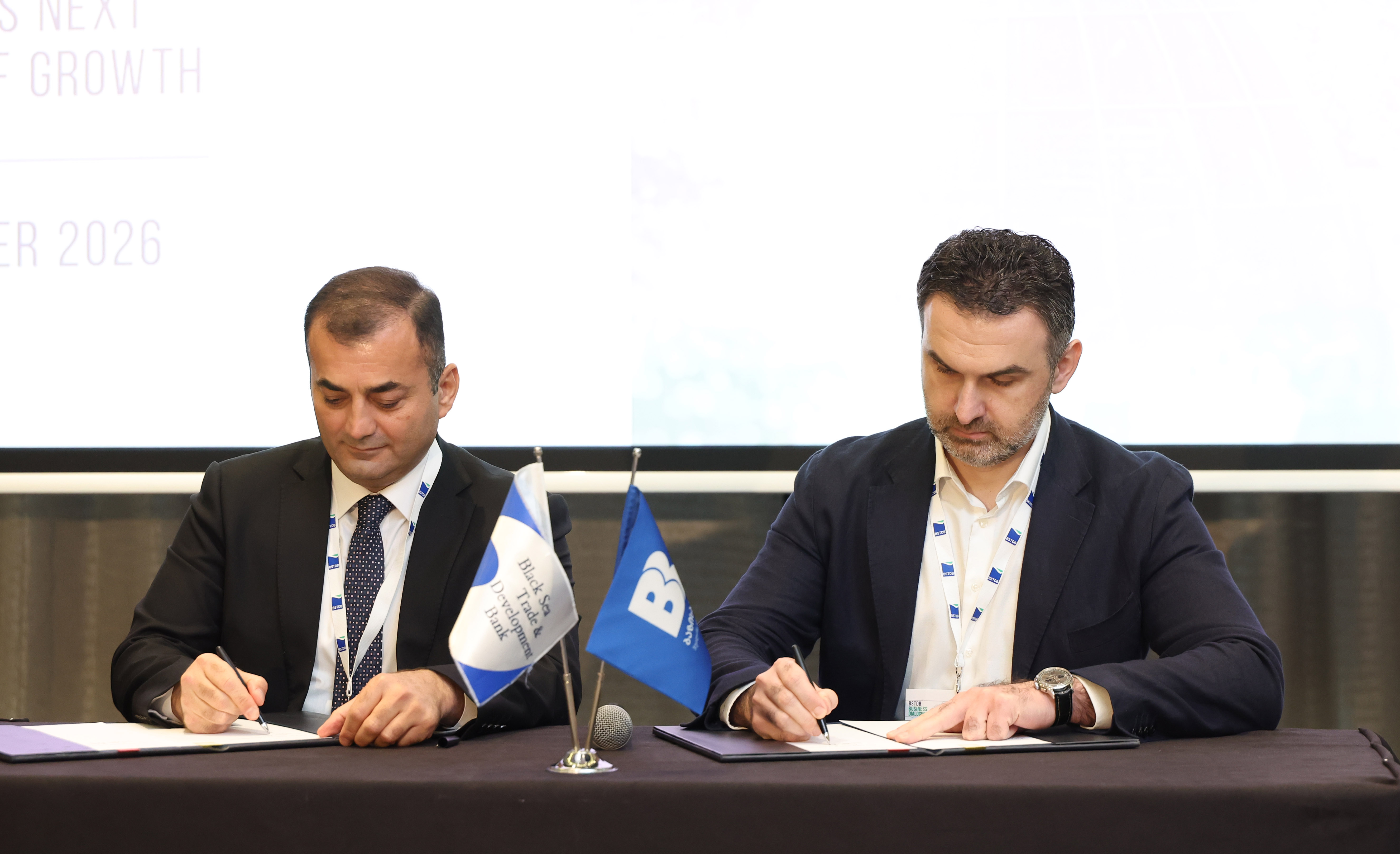 BSTDB Vice President Banking Ziya Aliyev and Basisbank General Director David Tsaava sign the EUR 25 million SME financing agreement in Tbilisi.