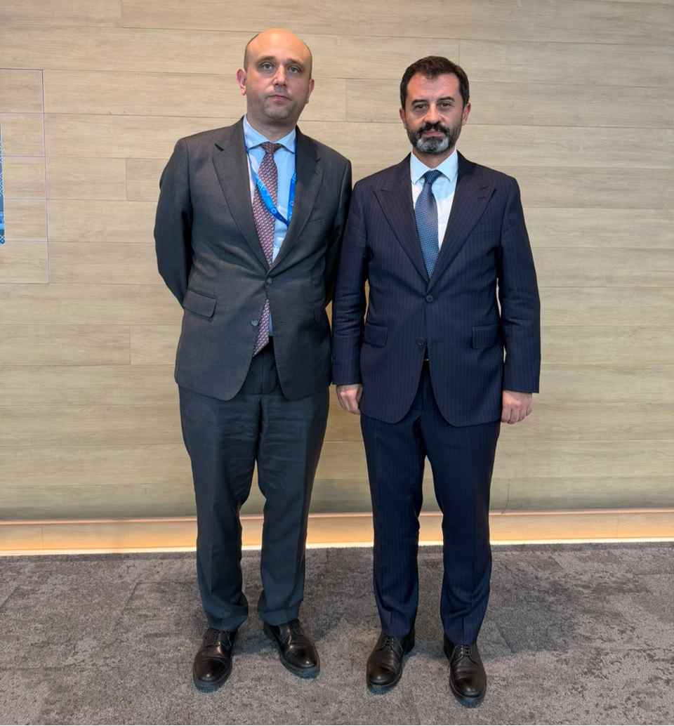 BSTDB President Dr. Serhat Köksal and Ukraine’s Minister of Economy and Environment Oleksandr Kravchenko standing side by side for a photograph during the 2026 World Bank Group–IMF Annual Meetings in Bangkok.